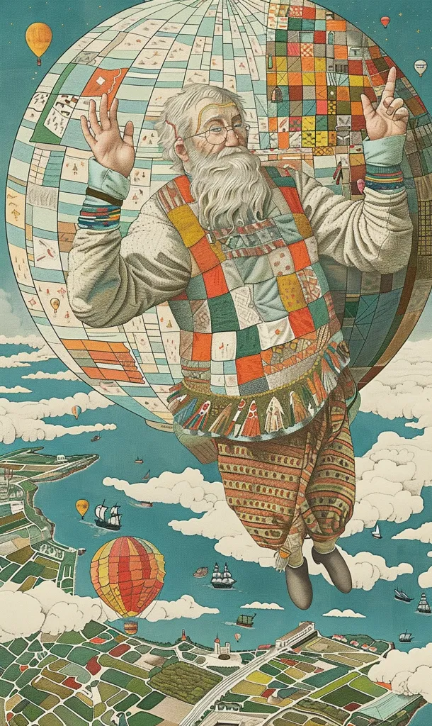 A man with a long white beard and glasses is flying through the air holding onto a large patchwork globe. He is wearing a colorful patchwork vest and pants. He is surrounded by clouds and a city below. There are other hot air balloons in the sky. The artwork is done in a vintage style.