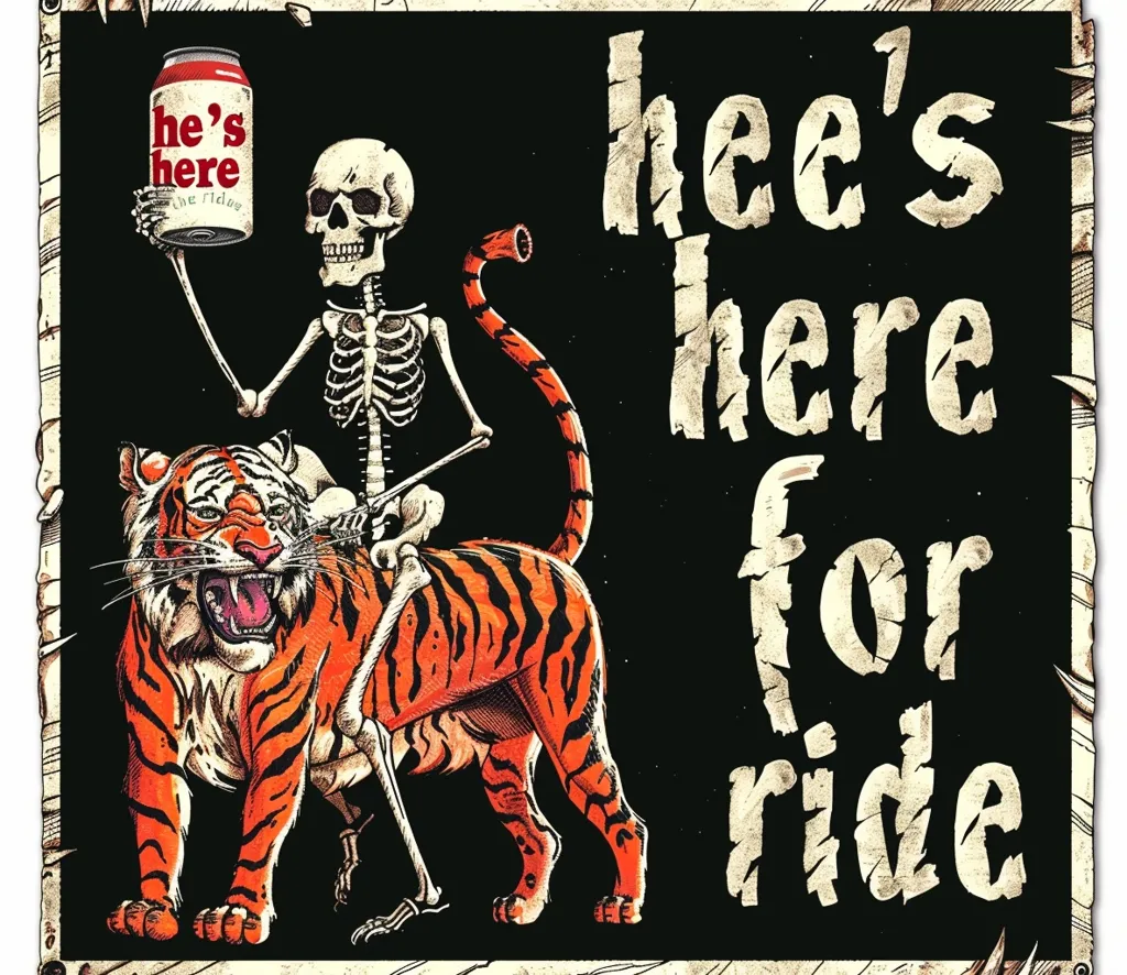 The image is a metal sign with a skeleton riding a tiger. The skeleton is holding a can of beer that says "he's here for the ride." The text on the sign reads "he's here for ride". The image is drawn in a vintage style with a distressed background.  The image is humorous and slightly macabre.