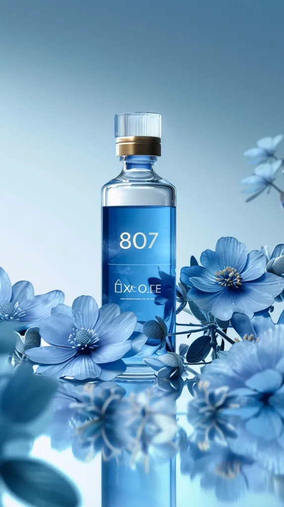 A tall, clear glass bottle of perfume with a gold top sits in front of a bouquet of delicate blue flowers. The bottle is labeled with the number 807 and the word "DECORE" in a stylized font. The flowers are soft and airy, with delicate petals and a light blue hue. The image is set against a soft blue background, creating a sense of tranquility and serenity.  The overall tone is one of elegance and sophistication.