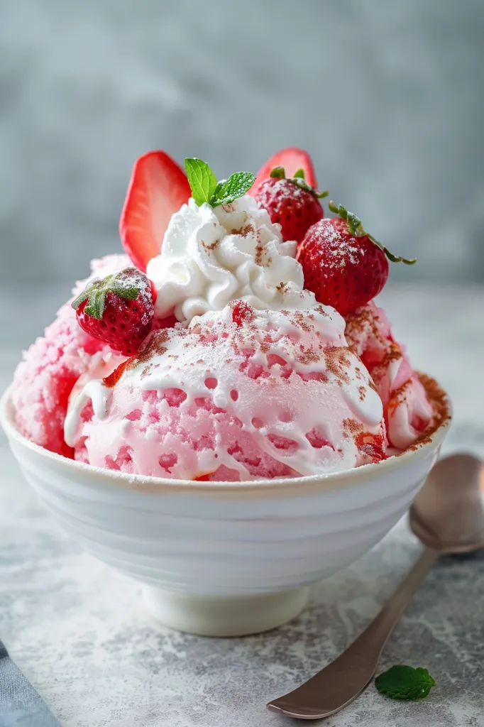 A bowl of pink ice cream topped with whipped cream, strawberries, and a sprinkle of powdered sugar. The ice cream is in a white bowl with a spoon resting next to it. There is a light gray background with a hint of green.  The dessert looks delicious and refreshing.