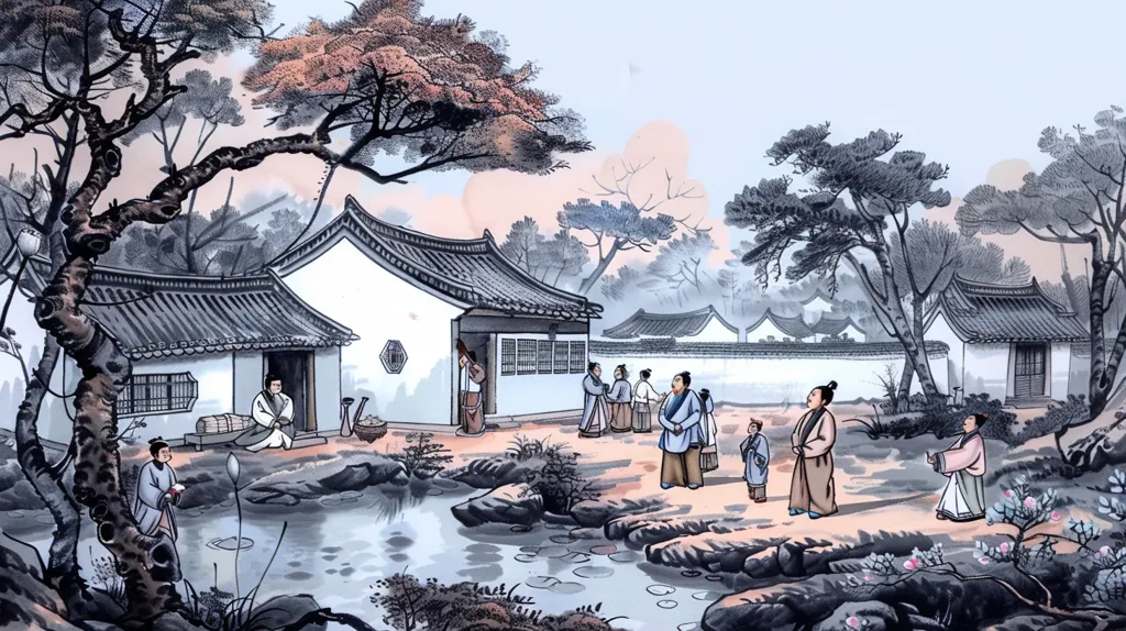 The image depicts a traditional Chinese village scene with several buildings, trees and people dressed in traditional clothing. A pond in the foreground winds through the scene, passing by a few people standing near a bridge. The scene is painted in a traditional Chinese style, with delicate brushstrokes and subtle colors. The overall effect is peaceful and serene, evoking a sense of tranquility and timelessness.