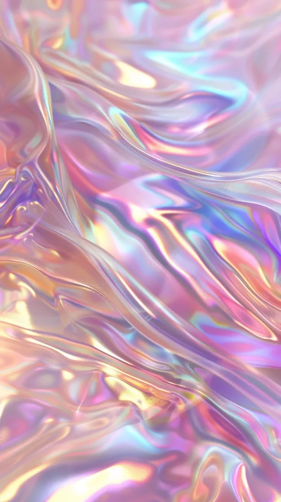 The image depicts a close-up of iridescent, shimmering material. It features a smooth, flowing texture, with soft, undulating lines and swirls. The colors are a blend of pastel hues, including pink, blue, and purple, with a holographic sheen that shifts and changes with the light. The overall effect is one of ethereal beauty and whimsical charm.