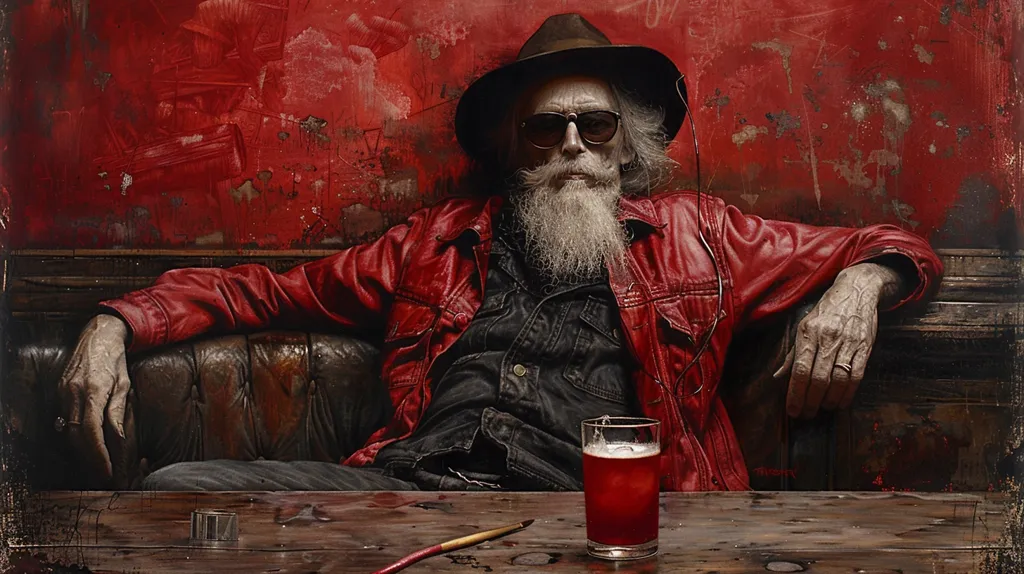 A weathered man with a long white beard sits in a red leather jacket, wearing a hat and sunglasses. He leans back in a leather chair with a glass of red liquid in front of him. A wooden table with a paintbrush rests in front of him. The background is a red wall with a distressed, aged look. The scene is painted in a realistic style with a focus on detail and texture.