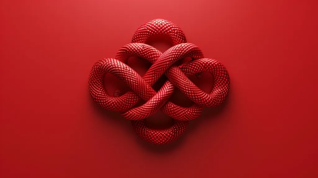A bright red, intricately woven knot resembling a snake, sits in the center of a solid red background.  The knot is made of a series of interconnected circles, creating a complex, symmetrical pattern.  The image has a minimalist, graphic design aesthetic.