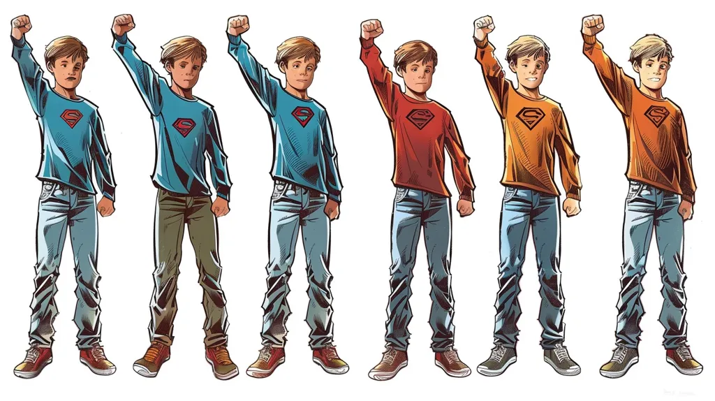 Six young boys, all with the same facial features, are drawn in a comic book style. They each wear a different color Superman shirt (blue, green, red, orange, light blue, and yellow) and blue jeans. They all have their fists raised in the air, as if they are celebrating or showing off their strength. The background is white.  The image is drawn in a dynamic and energetic style, with exaggerated poses and bold lines.  It conveys a sense of power and youthful exuberance.