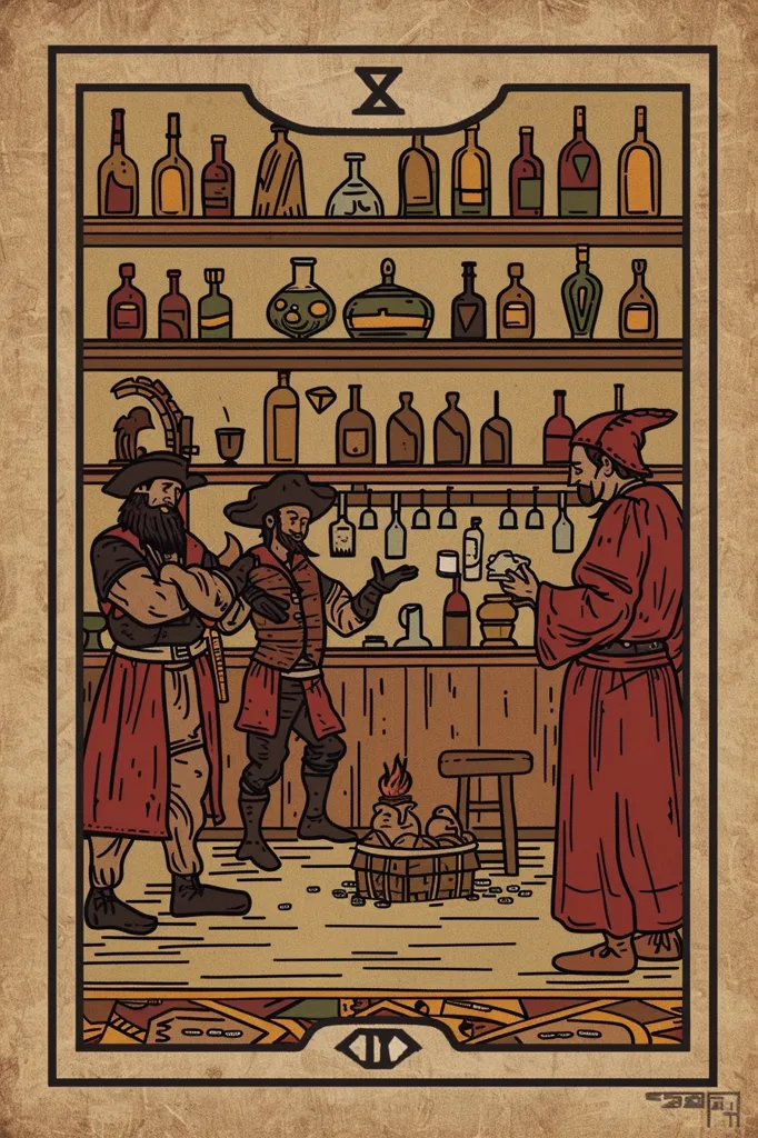 The image depicts a tavern scene. Three men are standing in front of a bar, filled with bottles of various shapes and sizes. Two men in red cloaks stand beside a man in a brown and red shirt, who is holding a cup. A basket of golden coins sits on a wooden stool near a lit brazier.  The image is drawn in a simple, cartoonish style, with a yellowed background.  A Roman numeral "X" appears at the top and a "III" at the bottom.  The overall atmosphere is one of warmth and conviviality.