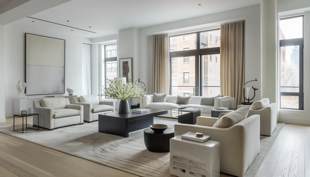 The image shows a spacious and modern living room with large windows overlooking a city. The room is decorated in a minimalist style with white walls, a light gray rug, and white furniture. The focal point is a large, rectangular coffee table with a vase of flowers. Two white armchairs flank the coffee table, and a white sofa sits facing the windows. The room is filled with natural light and has a clean and airy feel.