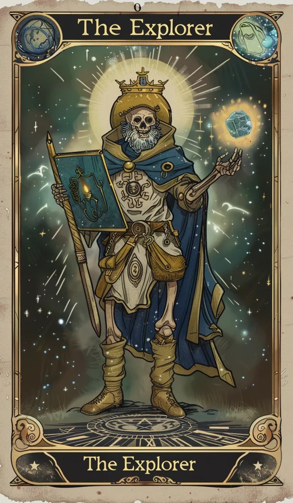 The card features a skeletal figure, dressed in a blue cloak and gold armor, holding a book and a staff. The figure has a crown on its head and a beard, and is surrounded by stars and glowing objects. The card is titled "The Explorer" and has a golden border.  The overall style is illustrated and fantastical.