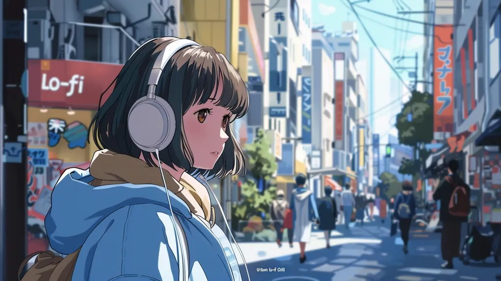 The image features a young woman with brown hair, wearing headphones and a blue jacket, walking down a bustling city street. The city is Japanese, with signs in Japanese, and the street is filled with people and shops. The woman looks slightly melancholic as she listens to music, her face partially obscured by her hair. The image has a soft, dreamy quality, suggesting a sense of solitude and introspection.
