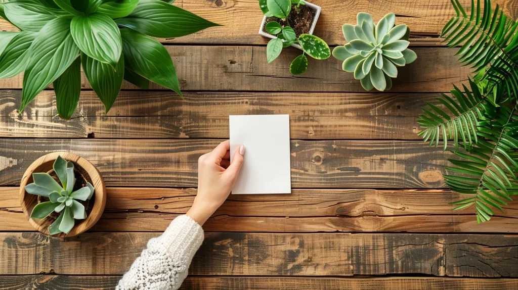 A hand holds a blank white card against a rustic wooden background. Green plants and succulents are arranged around the card, creating a natural and inviting scene. The image conveys a sense of simplicity and tranquility, ideal for a message or announcement.