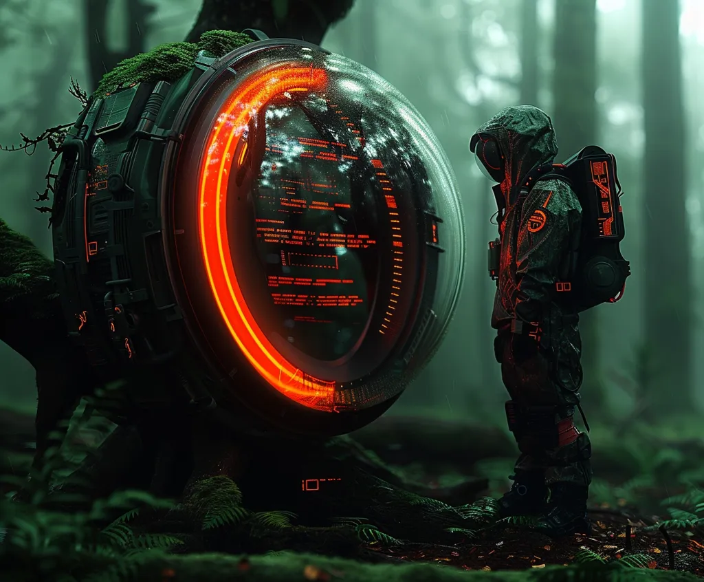 A futuristic, hooded figure stands in a dense forest, facing a large, orb-shaped device. The device has a glowing red ring around it and a screen displaying digital information. The scene is a blend of nature and technology, creating a sense of mystery and intrigue.