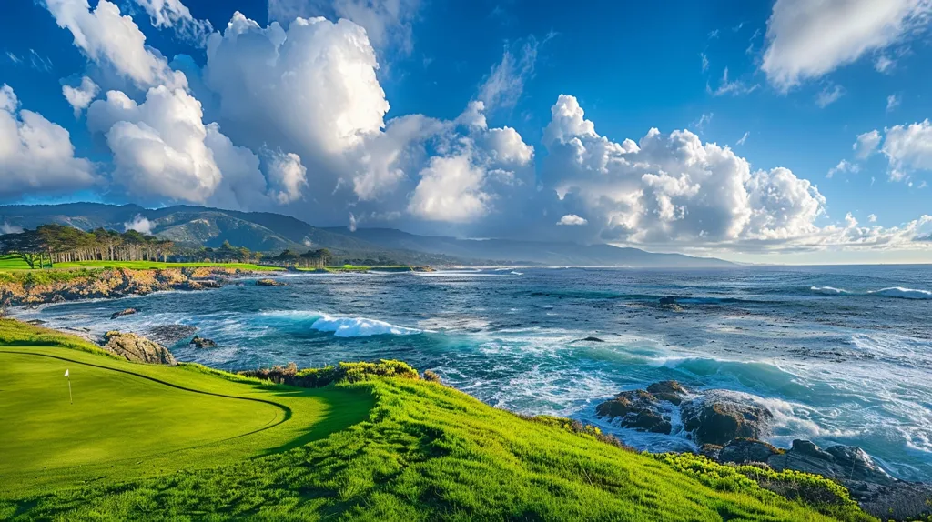 A picturesque golf course overlooks a sparkling blue ocean. Lush green grass stretches towards the water's edge, punctuated by the white flag of a golf hole. The ocean shimmers with whitecaps, while distant mountains rise in the background. A bright blue sky is dotted with fluffy white clouds, creating a stunning backdrop for this idyllic coastal scene.