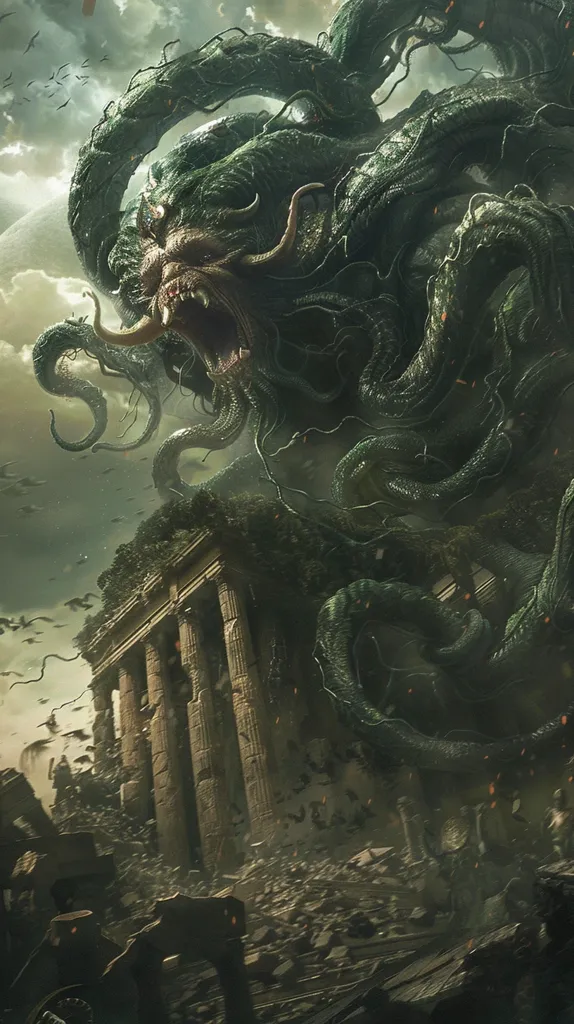 A monstrous, green creature with many tentacles and a gaping maw is destroying a crumbling ancient temple. The creature's tentacles wrap around the pillars and walls of the temple, causing them to crack and crumble. There are birds flying in the sky above the scene, adding to the sense of chaos. The image is dark and ominous, suggesting that the creature is a force of destruction.  The crumbling structure suggests a lost civilization, perhaps destroyed by the creature itself.  The overall mood is one of fear and foreboding.