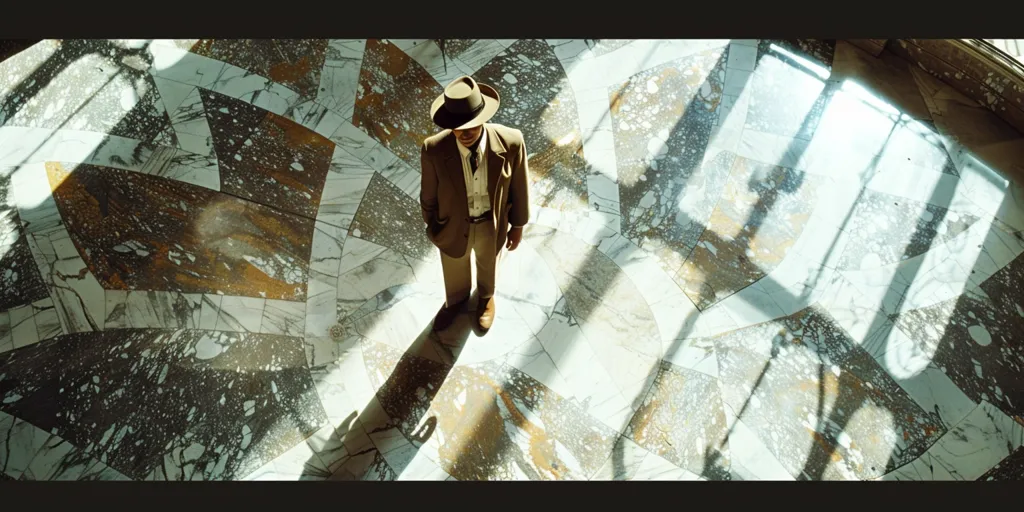 A man in a brown suit and fedora stands on a marble floor. The floor is patterned with geometric shapes and has a large window that casts long, narrow shadows across the surface. Sunlight illuminates the scene, creating a sense of drama and mystery. The man's presence in the empty space adds a sense of intrigue and loneliness.  The overall image is one of elegant simplicity and quiet contemplation.