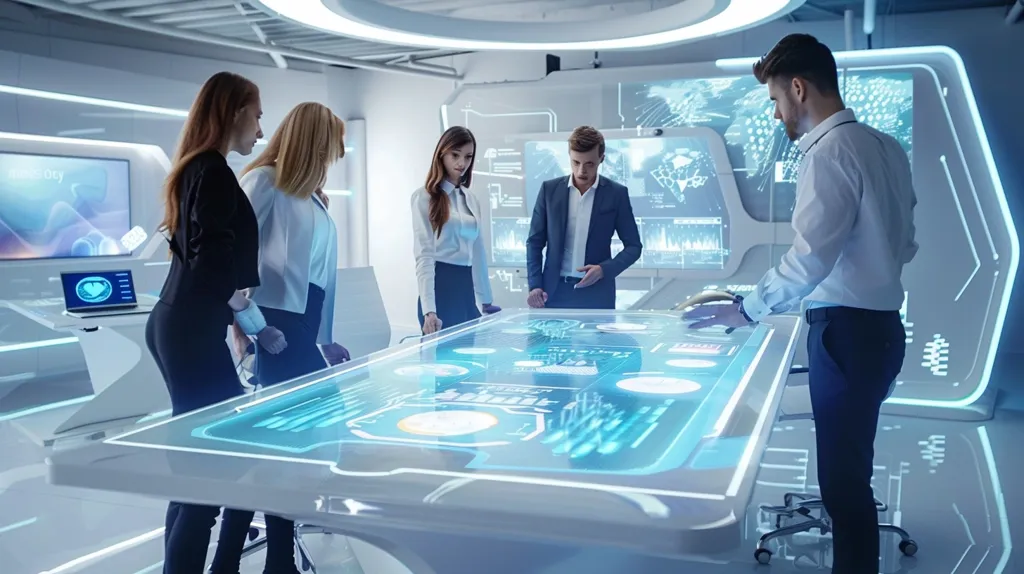 A group of five people are gathered around a futuristic, transparent table in a sleek, white room with blue accents. The table displays glowing blue digital data. The people are dressed in business attire, and they appear to be engaged in a discussion or presentation. The room is adorned with screens displaying various digital information, creating a futuristic and modern office space.  The image is suggestive of a high-tech workplace where information and innovation are paramount.
