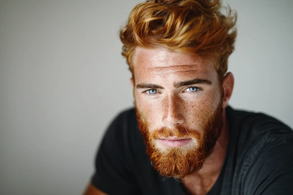 The image shows a close-up portrait of a young man with red hair and a beard. He is wearing a black t-shirt and has blue eyes and freckles. He is looking directly at the camera with a serious expression. The background is a plain, light grey. The overall image is moody and intimate.