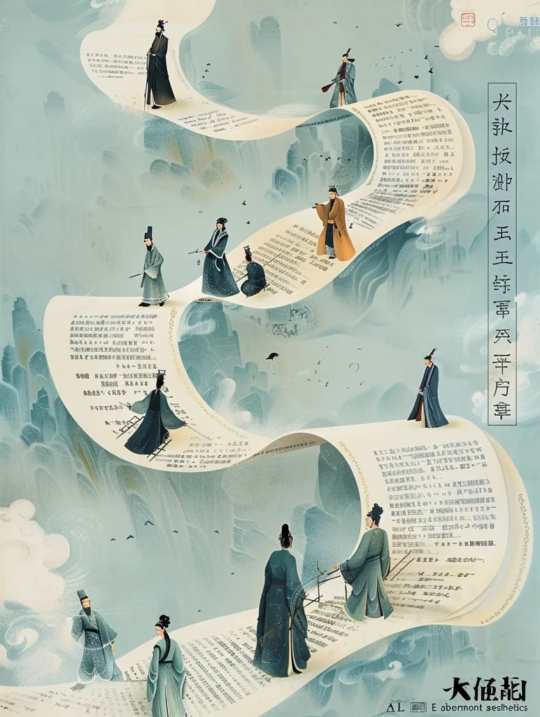 The image depicts a winding path made of scrolls of paper, with figures in traditional Chinese clothing walking along it. The path leads upwards, suggesting a journey of ascension. The scene is set against a backdrop of clouds and mist, creating a sense of mystery and wonder. The text on the scrolls and the title "Long March of the Five Emperors" suggest a historical or mythical narrative. The overall composition is visually striking and evokes a feeling of spiritual exploration and the pursuit of knowledge.