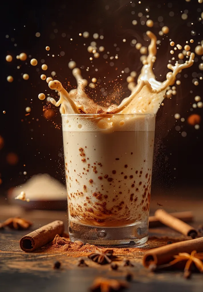 A glass of creamy, spiced latte is splashed with cinnamon and other spices. The drink is in focus, with the background blurred, creating a sense of depth and dimension. The image highlights the warm, comforting qualities of the beverage, perfect for a cozy winter evening.
