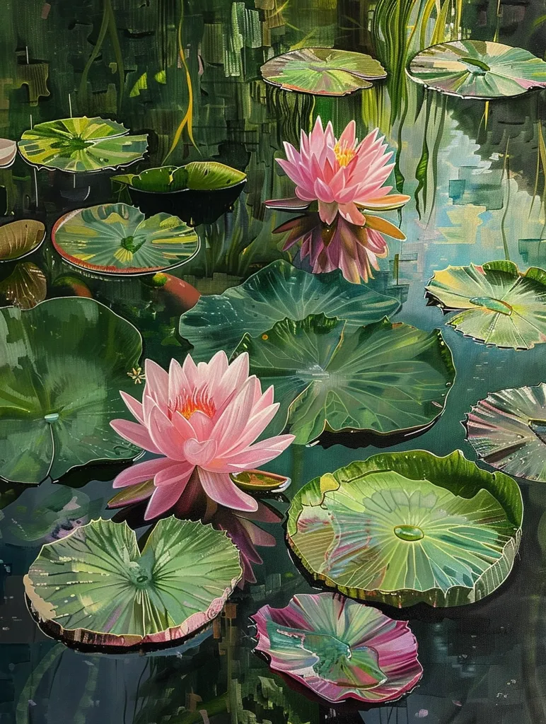 A painting depicting a serene pond scene. Lush green lily pads float on the water's surface, adorned with delicate pink water lilies. The lily pads vary in size and shape, showcasing intricate patterns and textures. The surrounding foliage, painted in vibrant shades of green, creates a lush and tranquil backdrop for the scene. The water reflects the surrounding colors, adding depth and dimension to the composition. The overall effect is one of tranquility and natural beauty.
