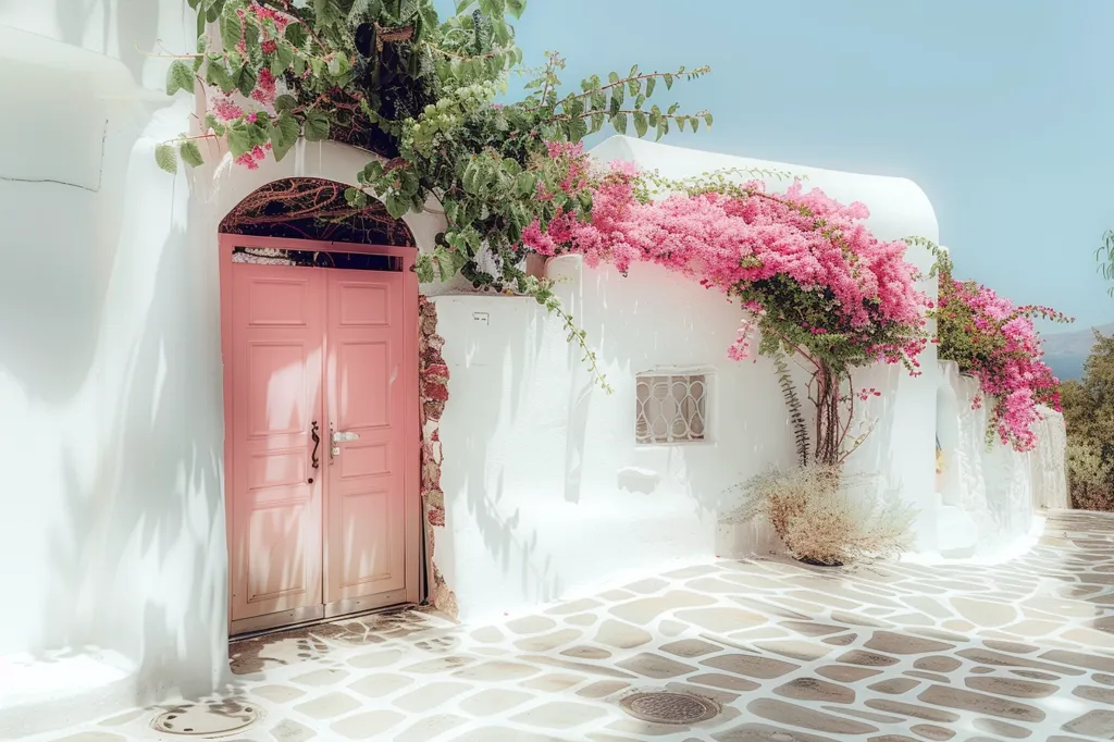 A whitewashed building with a bright pink door is adorned with a vibrant bougainvillea vine. The flowers cascade down the wall, adding a splash of color to the otherwise minimalist facade. The cobblestone pathway leading away from the building is painted white, creating a striking contrast against the pink blossoms. The scene evokes a sense of tranquility and beauty, typical of Mediterranean architecture.