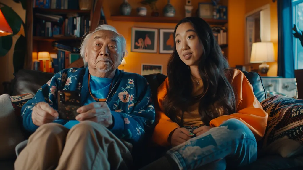 An older man with a floral shirt sits on a couch, holding a small object in his hands. Beside him sits a young woman with long black hair, wearing an orange jacket and blue jeans, as they both look at something off camera. They are in a living room with a bookcase, artwork on the walls, and a lamp behind them. The scene is lit in a warm, inviting way.
