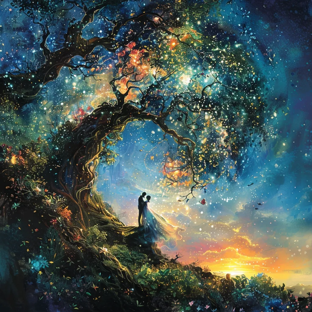 A couple stands silhouetted against a fantastical backdrop. A massive tree with swirling branches, branches  adorned with glowing lights,  stretches across the canvas, its roots reaching deep into a lush, green landscape. The sky, a mesmerizing swirl of blue and purple, is dotted with sparkling stars and a warm sunset horizon. The image captures a sense of wonder, romance, and the magic of nature.