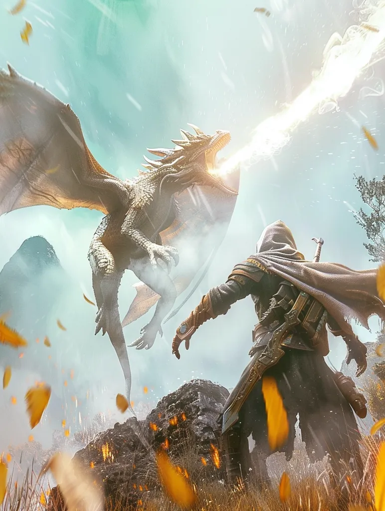 A dragon with large wings is flying in the air, breathing fire towards a cloaked figure standing on the ground. The dragon's body is brown and gold, and it has a sharp, pointed snout. The cloaked figure is wearing a dark robe and has a sword strapped to their hip. The background is a hazy, misty landscape. The scene is filled with action and suspense.  A scattering of orange petals drifts down from the sky.