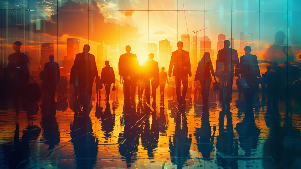 The image shows a silhouette of a group of people walking past a large glass wall. The sun is setting behind them, casting a warm glow on the scene. The cityscape is reflected in the wet glass, creating a sense of movement and energy. The people are all dressed in business attire, suggesting that they are on their way to or from work. The image evokes a sense of urban life and the daily grind.