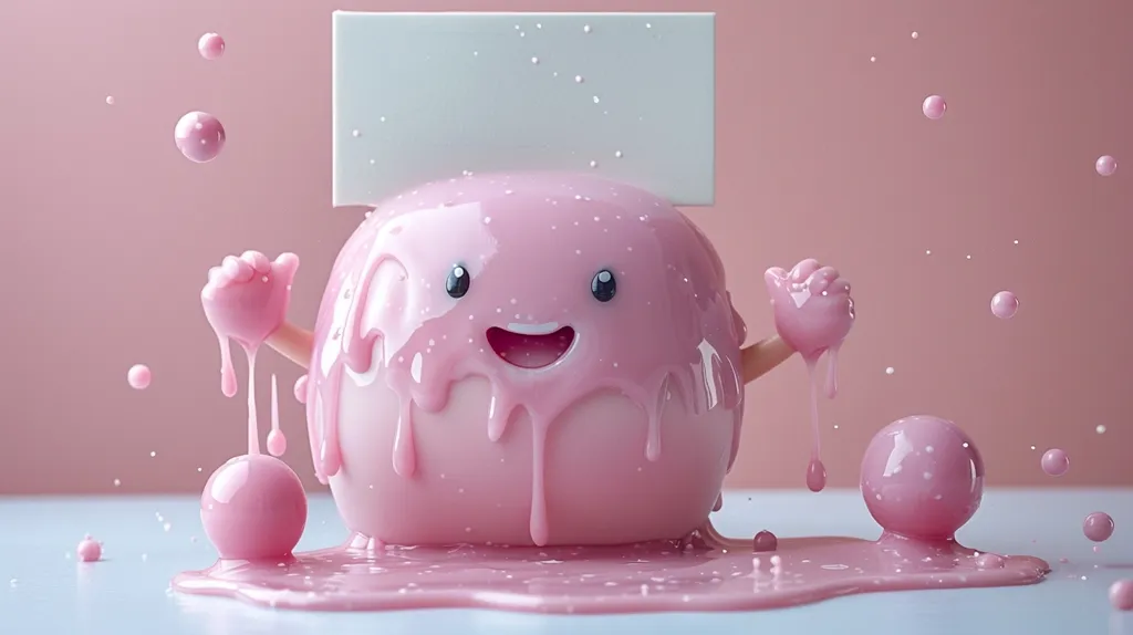 A pink, gooey, cartoon character with a happy face and outstretched arms, is melting onto a light blue surface, holding a white sign above its head. Pink droplets are floating around it. The character is in a state of flux, with its gooey body dripping onto the surface. The image is playful and whimsical.