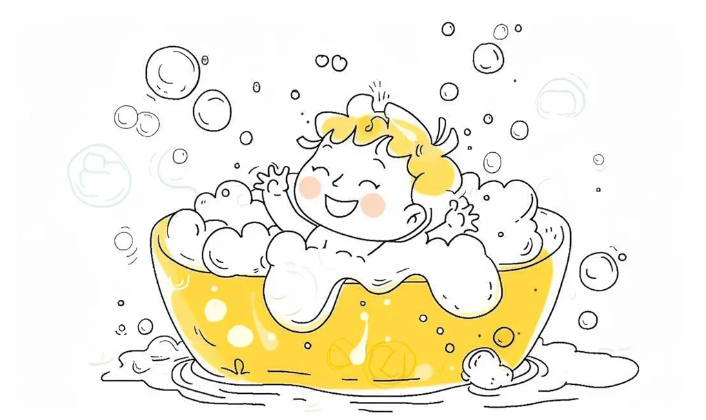 A cartoon baby with blonde hair is happily taking a bath in a yellow tub filled with soapy bubbles. The baby is smiling, and bubbles are floating around the tub.  The image is a simple and fun depiction of a baby enjoying bath time.