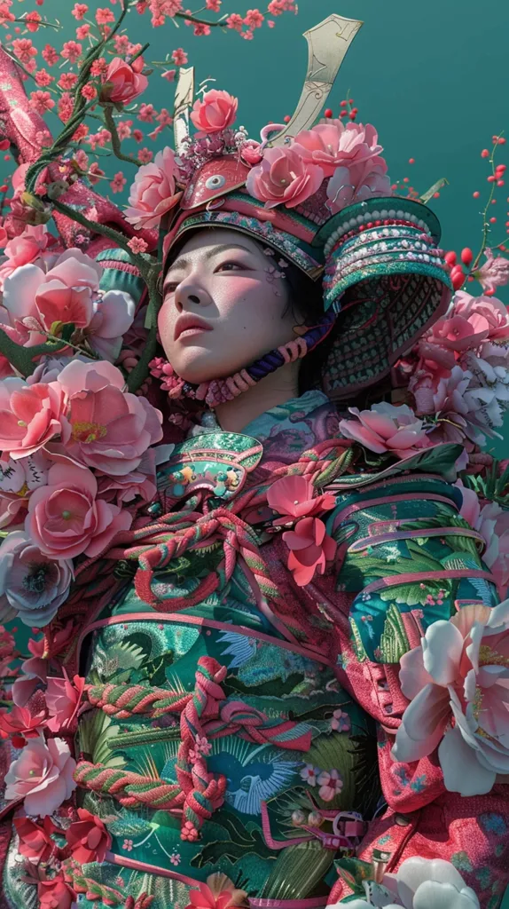 A woman with pale skin and large dark eyes wears a traditional Japanese kimono with vibrant green, pink and blue floral patterns. She wears a ornate headdress decorated with pink flowers and a golden samurai helmet.  Her face is partially obscured by a large pink flower. The background is a soft teal blue.  The overall effect is one of delicate beauty and strength.