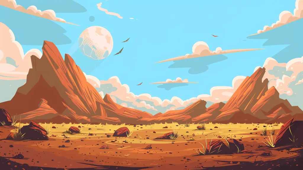The image depicts a vast desert landscape under a bright blue sky dotted with fluffy white clouds. The foreground shows a barren, dusty ground with scattered rocks and patches of grass.  In the background, towering red rock formations create a dramatic silhouette against the horizon.  The sky is alive with birds soaring overhead, and a large, round, moon-like object hangs in the sky. The scene evokes a sense of vastness and solitude.