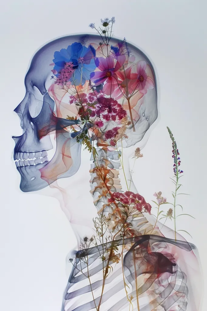 The image depicts a semi-transparent human skull and skeleton overlaid with delicate floral arrangements. The flowers, in shades of pink, blue, and white, bloom within the skull and along the spinal column. The image creates a surreal and symbolic representation of life and death, nature and humanity. The delicate floral details are contrasted against the starkness of the skeletal structure, suggesting a fragility and beauty within the cycle of life.