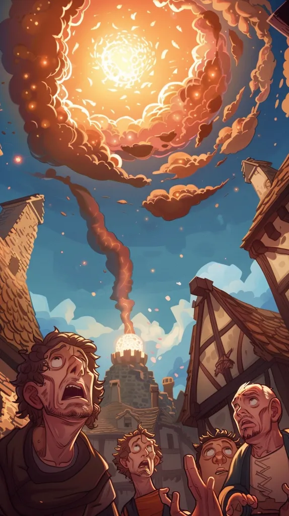 A group of four people stand in awe, looking up at a large, swirling cloud formation in the sky above their medieval town. A bright light emanates from the center of the cloud, casting a warm glow over the scene. The buildings surrounding them are old and worn, and the air is filled with a sense of anticipation and wonder. The people are all staring up at the sky, their faces filled with a mixture of fear and fascination. The illustration captures a moment of great change and mystery.