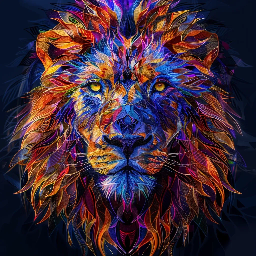 A majestic lion's head is depicted in a vibrant, abstract style. Its mane, composed of swirling, colorful lines and patterns, evokes a sense of energy and power. The lion's gaze is intense and commanding, with piercing yellow eyes. The overall impression is one of strength, beauty, and a touch of the surreal.