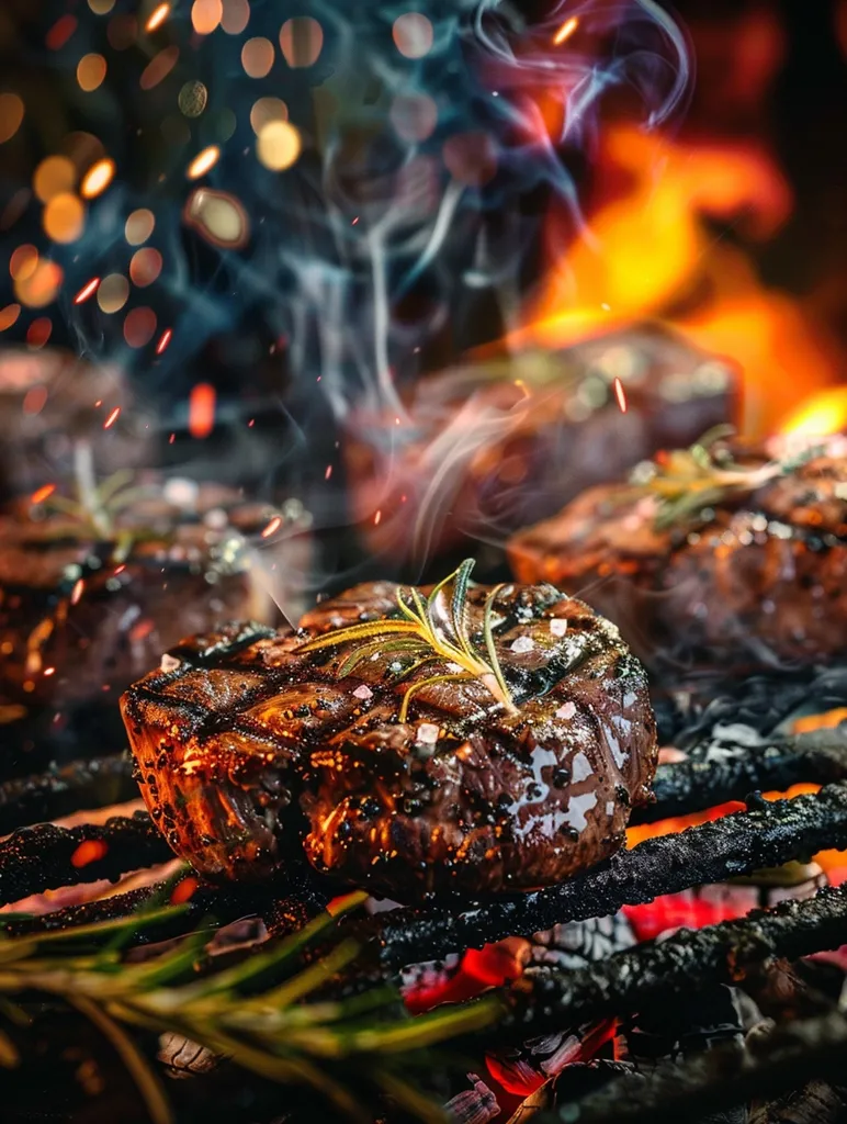A juicy, perfectly cooked steak sits on a hot grill, smoke rising from its surface. The steak is adorned with a sprig of rosemary and glistening with fat. The background shows the fiery coals and other steaks, suggesting a delicious feast is in progress. The image captures the essence of grilling, with the smoke and fire adding to the ambiance.