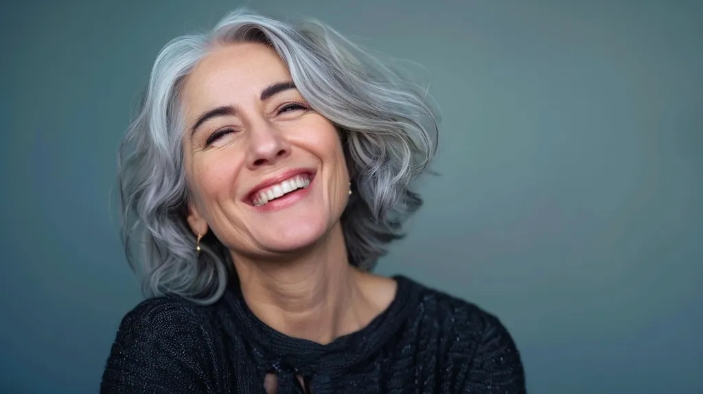 A woman with short, wavy gray hair and a bright, genuine smile. She is wearing a black sweater, her eyes are closed, and her head is tilted back. The background is a soft, blue-green color. The image conveys a sense of joy and contentment.