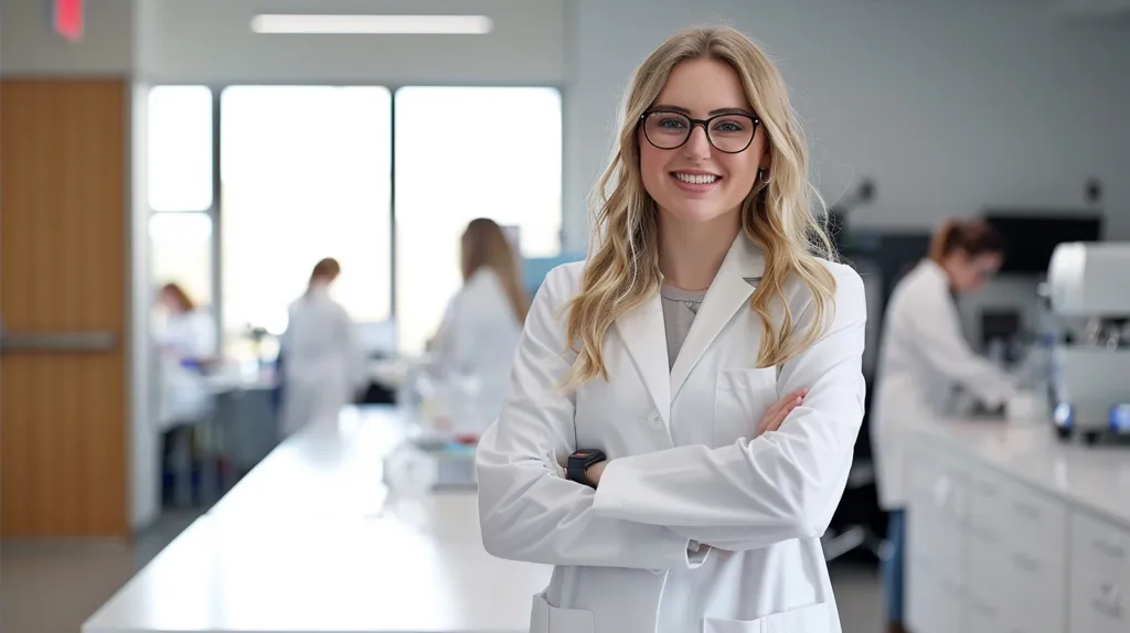 A young woman in a white lab coat and glasses stands in a laboratory, smiling confidently with her arms crossed. The lab is bright and modern with a white counter and other lab equipment in the background. Two other people in white coats are blurred in the background, suggesting a collaborative work environment. The image conveys a sense of professionalism and scientific exploration.