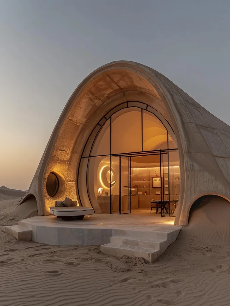 A modern, curved concrete building stands in a desert landscape. The building has large windows that let in natural light, illuminating the interior.  A set of stairs leads down from the building to the sand below. The structure exudes a sense of minimalist design and blends seamlessly with the surrounding environment.