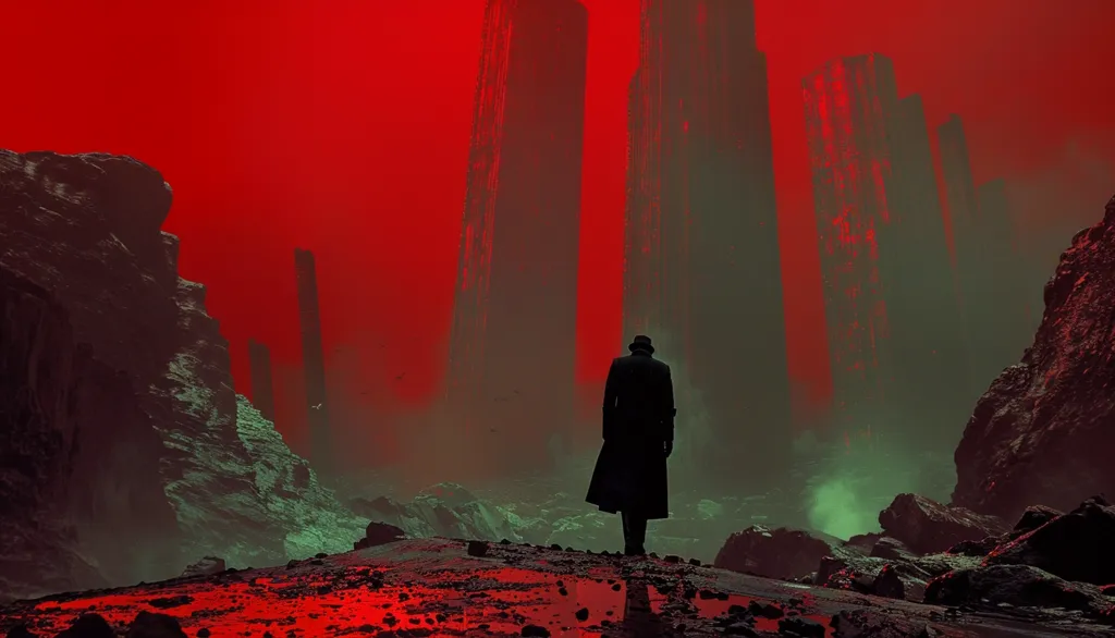 A lone figure in a long coat and hat stands amidst a desolate landscape.  The ground is rocky and uneven, with large, jagged cliffs looming in the background. The sky is a vibrant red, casting an eerie glow over the scene.  The figure appears small and insignificant against the vast, imposing landscape, suggesting a sense of isolation and mystery.  The overall atmosphere is both dramatic and ominous.