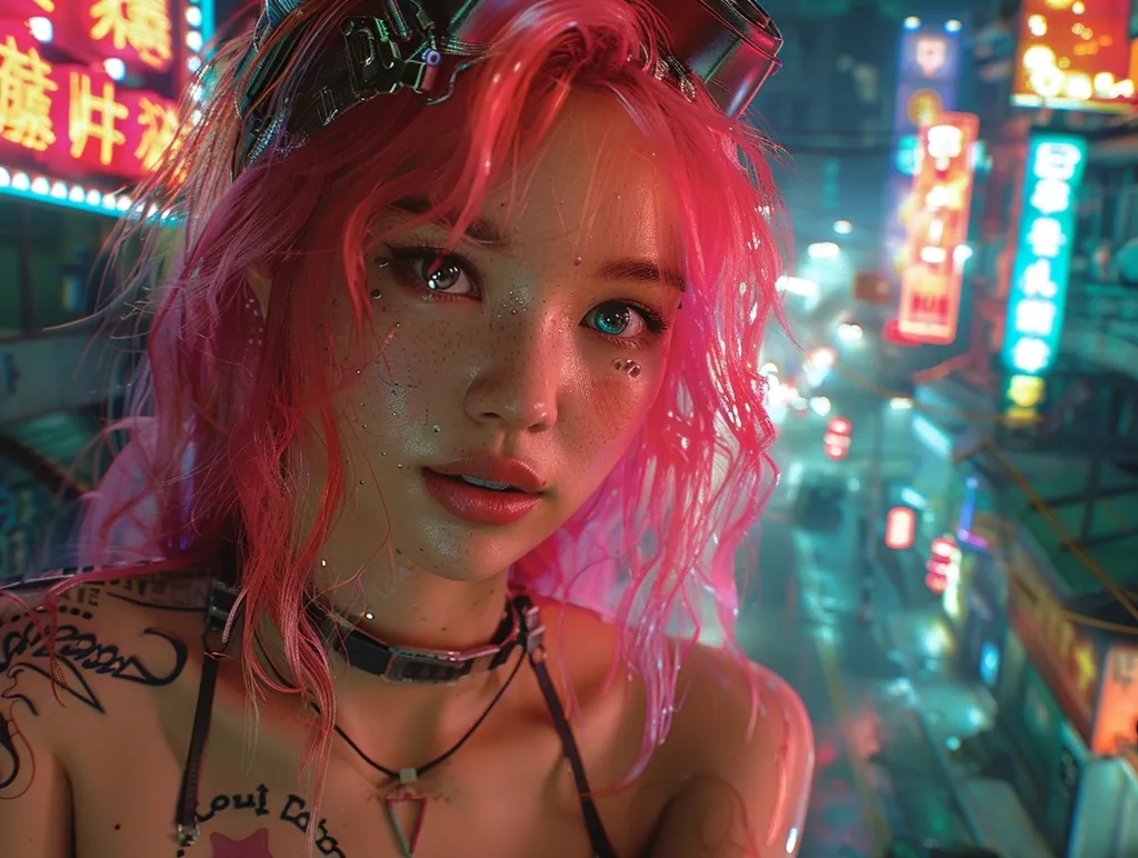A young woman with bright pink hair and a cyberpunk aesthetic stares directly at the viewer. She is wearing a black choker and has a tattoo on her shoulder. The background is a blurry, neon-lit cityscape. The image is visually striking and conveys a futuristic, edgy vibe.