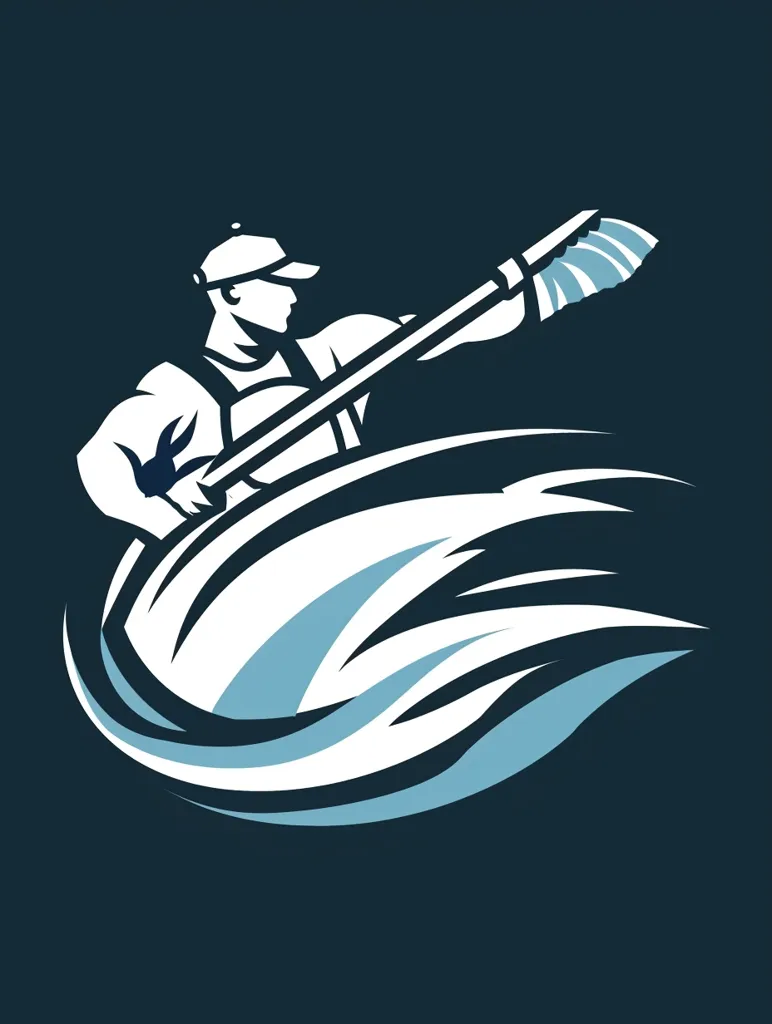A stylized image of a man rowing a boat. The man is depicted in a simple, white silhouette with a cap on his head. The boat is represented by a white wave with blue accents. The image is set against a dark blue background.  The graphic style is bold and simple.