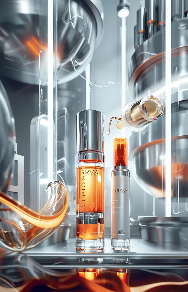 Two bottles of skincare products, one with a clear liquid and the other with an amber liquid, are displayed on a metallic surface. A silver dropper is positioned above the clear bottle, adding to the clinical aesthetic.  The backdrop features a futuristic, metallic environment with blurred details, enhancing the sense of technological advancement. A wave of amber liquid wraps around the base of the bottles, creating a dynamic and visually appealing composition.