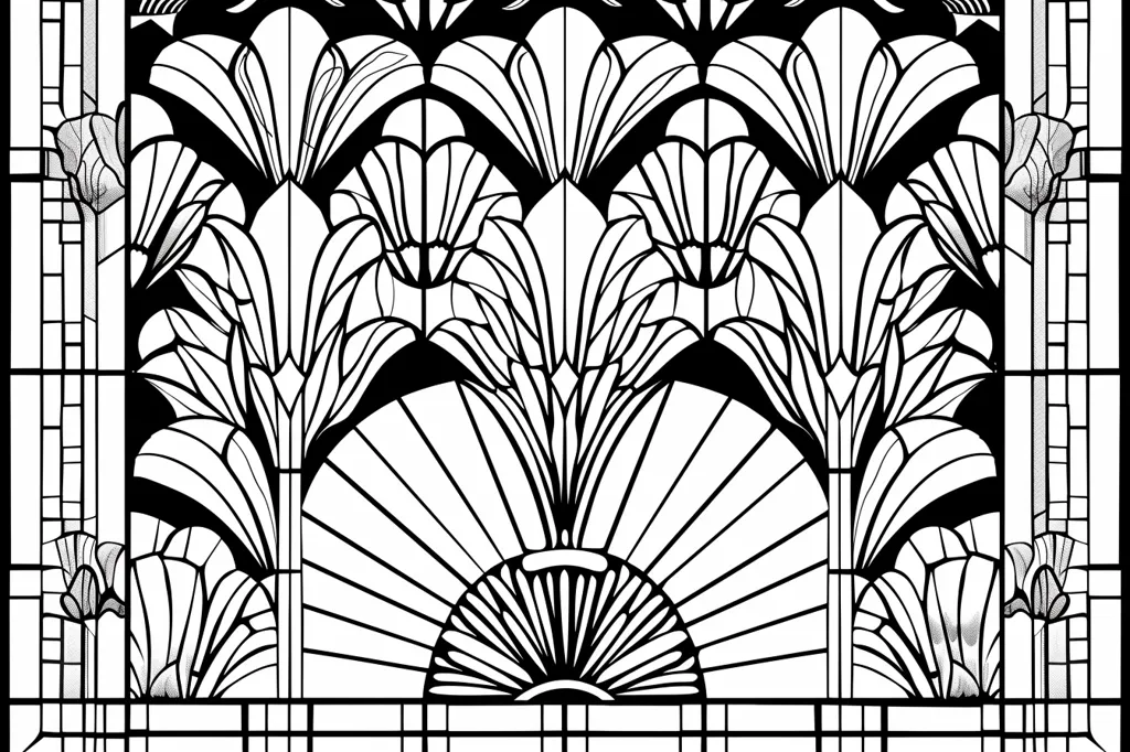 The image is a black and white illustration of a stained glass window. The design features stylized plants and flowers in an Art Deco style. The window is divided into sections by black lines, creating a geometric pattern. The intricate details and symmetry of the design create a sense of beauty and craftsmanship. The overall effect is one of elegance and sophistication.