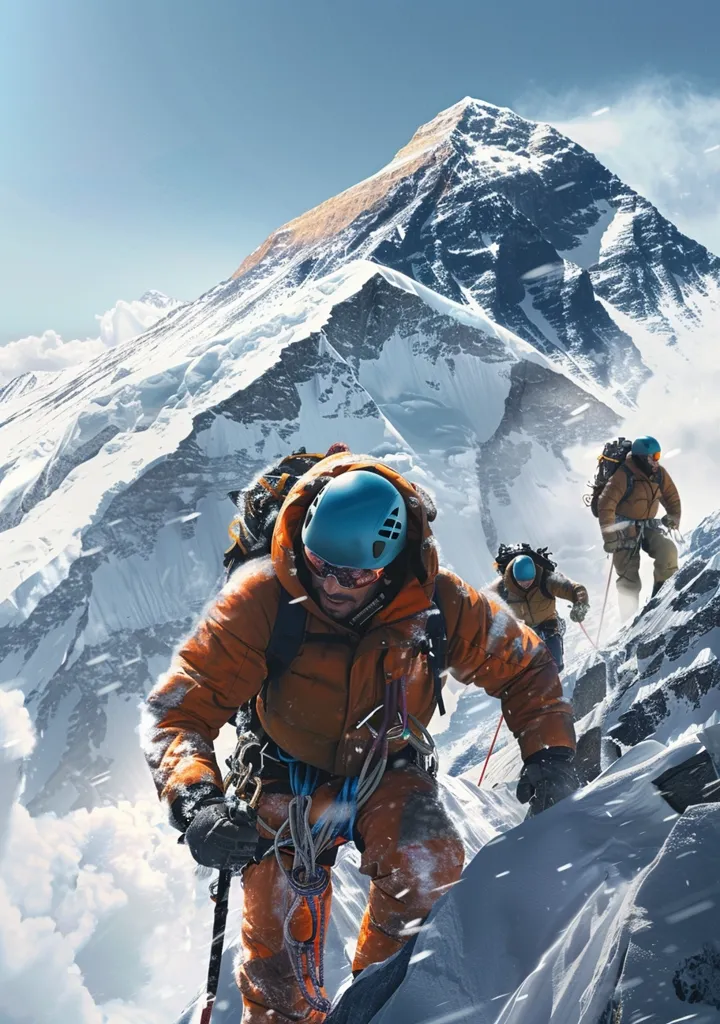 A group of climbers scale a snowy mountain peak. The lead climber, wearing an orange jacket and blue helmet, focuses intently on the treacherous path ahead.  Behind him, two other climbers follow, their figures dwarfed by the immense, snow-capped peaks of the Himalayas.  The scene evokes a sense of determination and resilience in the face of nature's grandeur.