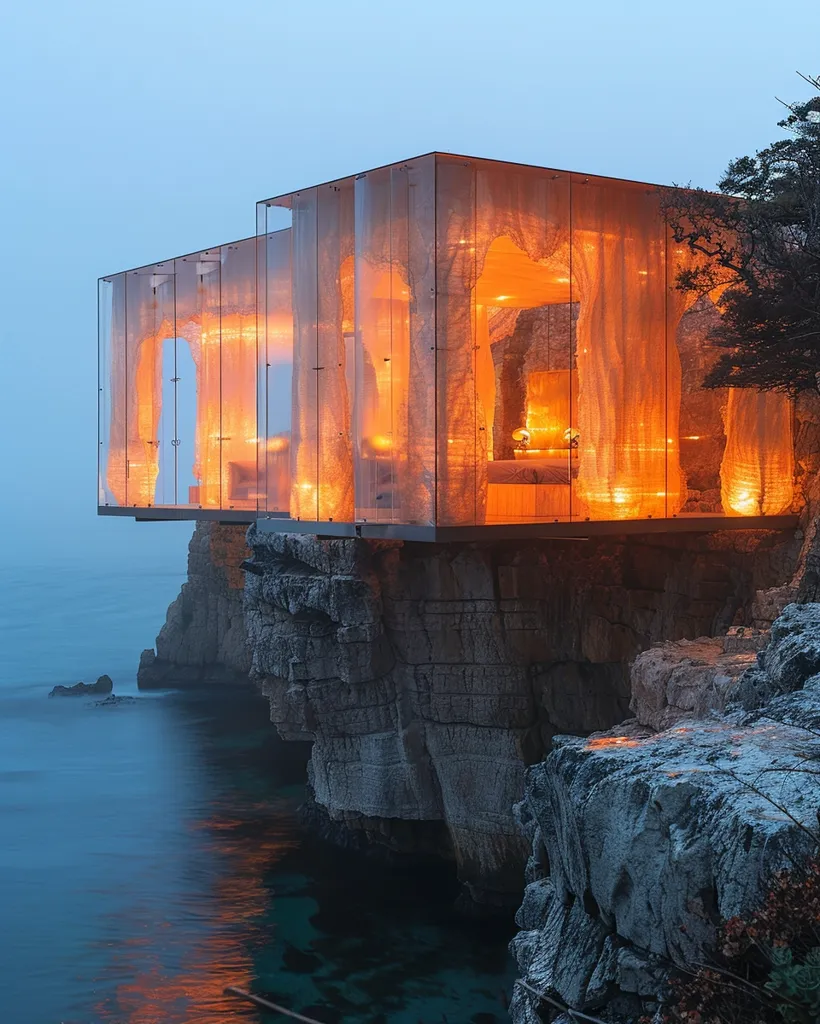 A modern, glass-walled structure sits precariously on a cliff overlooking a tranquil ocean. The building's interior glows with warm light, creating a striking contrast against the cool blue water and the rugged cliff face. The soft light also illuminates the delicate, transparent fabric panels that adorn the structure's exterior. The scene evokes a sense of both serenity and awe, highlighting the beauty of nature and the ingenuity of human design.