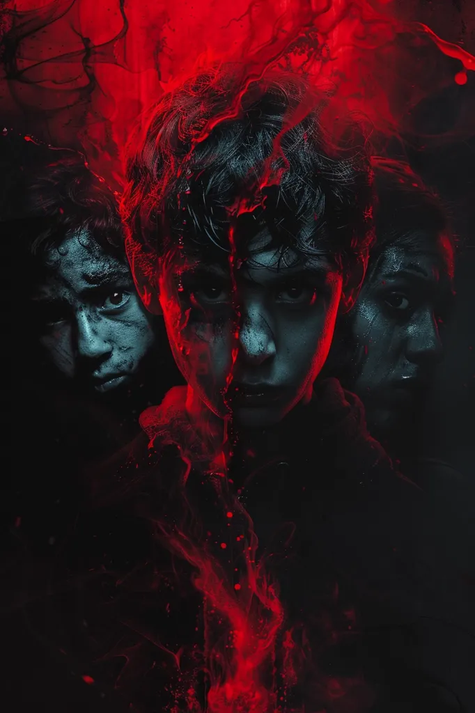 A young boy with dark hair stares intensely at the viewer. His face is partially obscured by red liquid that flows down from the top of the image. Two other figures, obscured in shadow, flank the boy, their faces grim and determined. The red liquid gives the image a sense of danger and foreboding.
