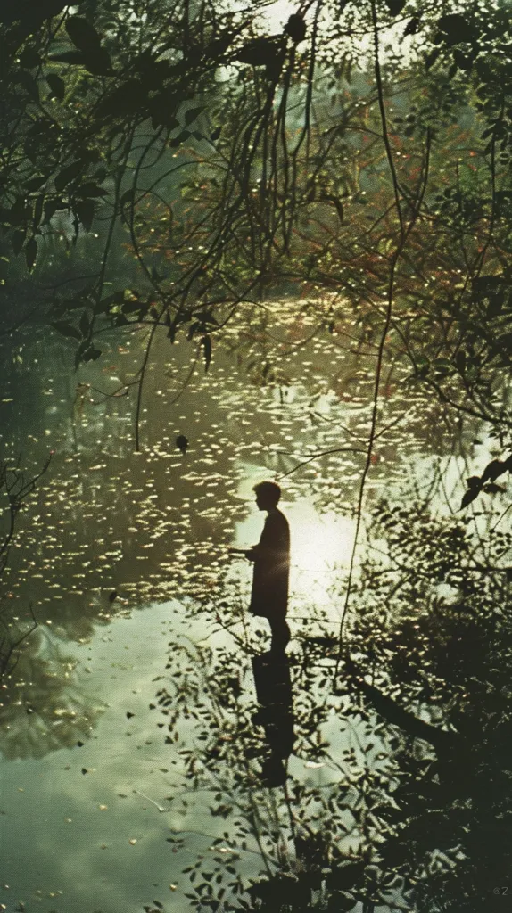 A lone figure stands in a still, sun-dappled pond, framed by thick, leafy foliage. The water reflects the light, creating a shimmering effect. The trees overhang the water's edge, casting long shadows. The image evokes a sense of peace and tranquility.
