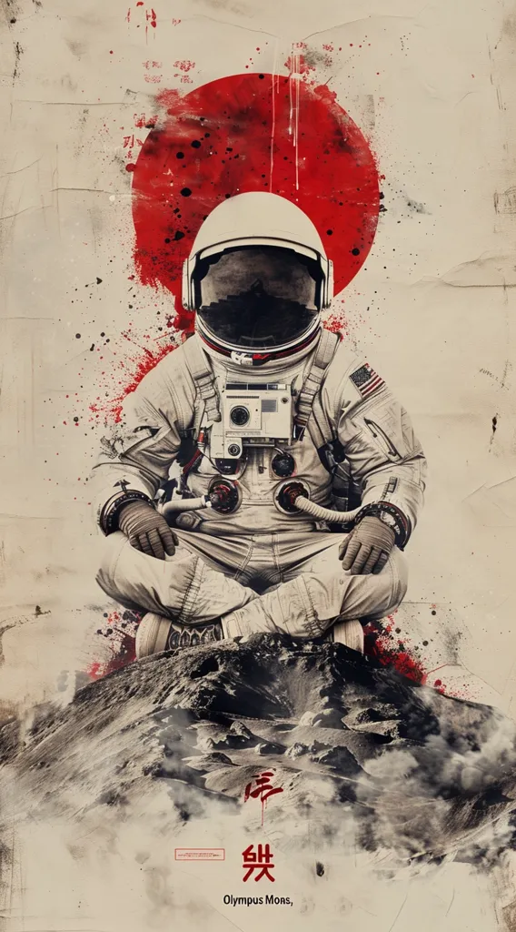 The image shows an astronaut sitting in a meditative pose on a mountain range. The astronaut is wearing a white spacesuit with an American flag patch and a large red circle with black splatter paint is behind him.  The mountain range appears rocky and desolate. There is a red Japanese character in the bottom of the image.
