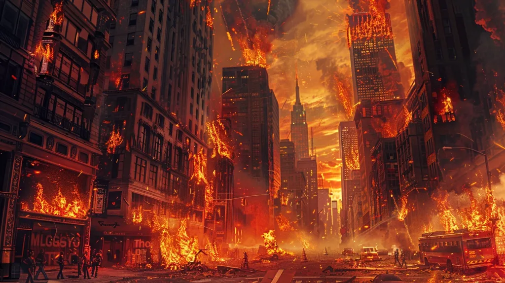 A cityscape engulfed in flames. Tall buildings are burning, casting an orange glow on the streets. Rubble and debris litter the ground, and a few figures can be seen walking through the chaos. The sky is a fiery red, with smoke and debris swirling in the air. The scene is apocalyptic, suggesting a devastating event has occurred.